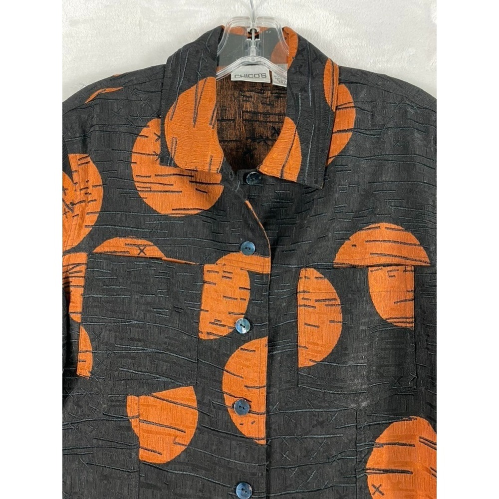 Chico's Button Up Shirt M Orange Black Embroidered Linen Silk Blend 3/4 Sleeve